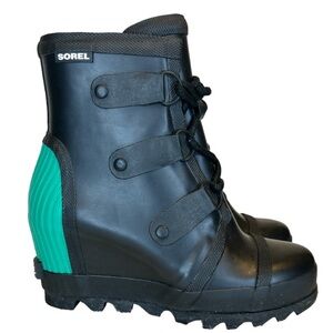 Sorel Joan of Arctic Rain Booties Wedge Heel Black,ribbed Bright Emerald Size 6